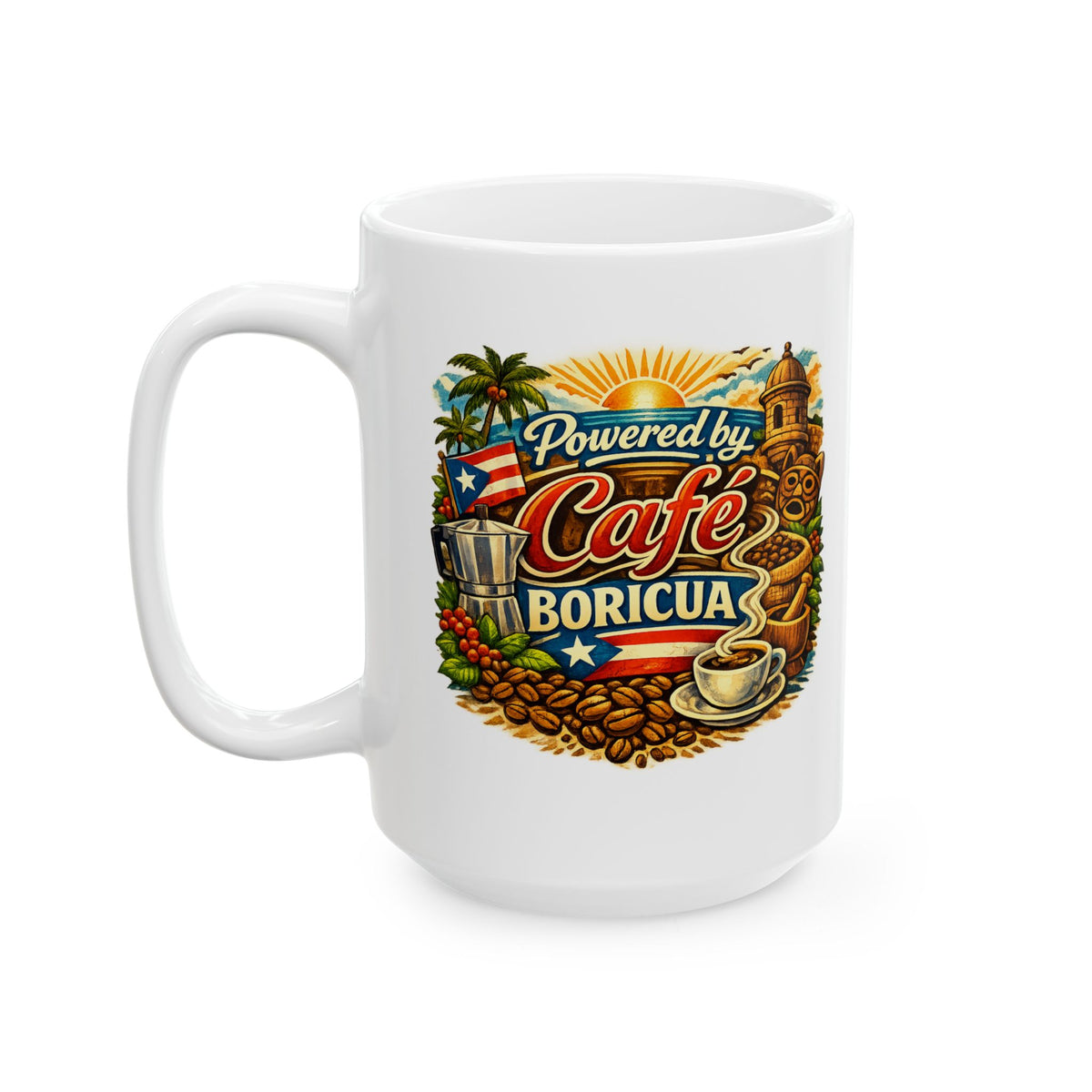 Taza “Powered by Café Boricua” – Puerto Rico Coffee Mug | 11oz/15oz Free Shipping