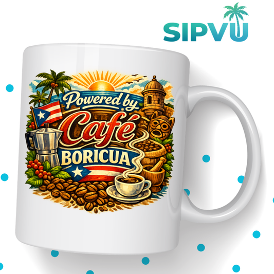 Taza “Powered by Café Boricua” – Puerto Rico Coffee Mug | 11oz/15oz Free Shipping