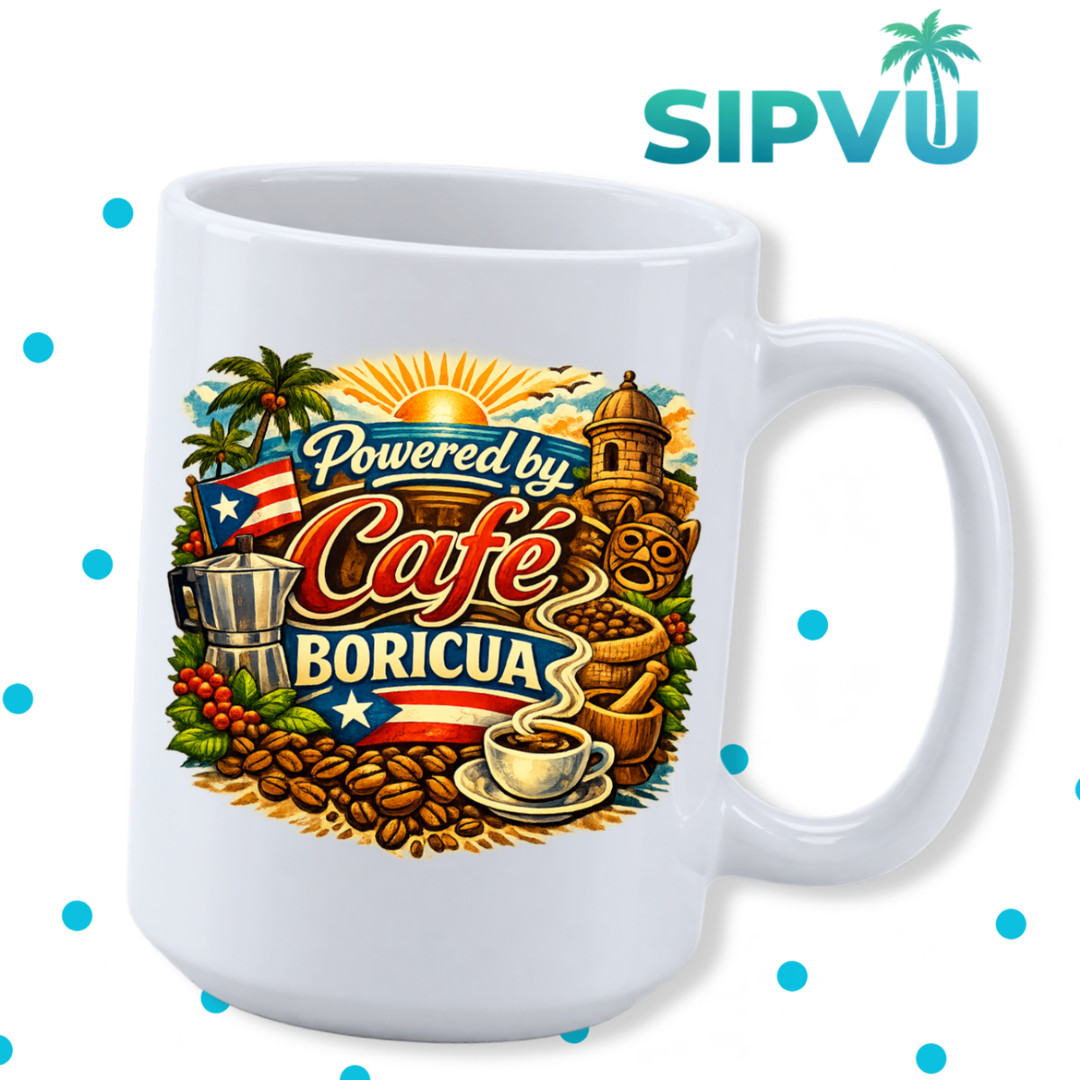 Taza “Powered by Café Boricua” – Puerto Rico Coffee Mug | 11oz/15oz Free Shipping
